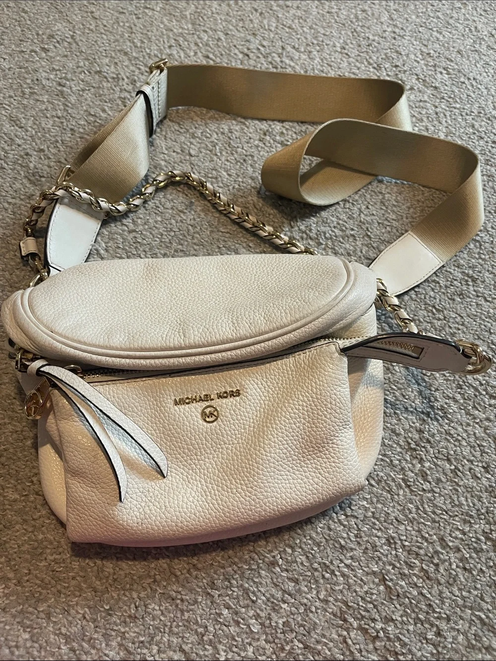 Michael Kors Cream Pebbled Leather Crossbody Belt Bag with Gold Hardware